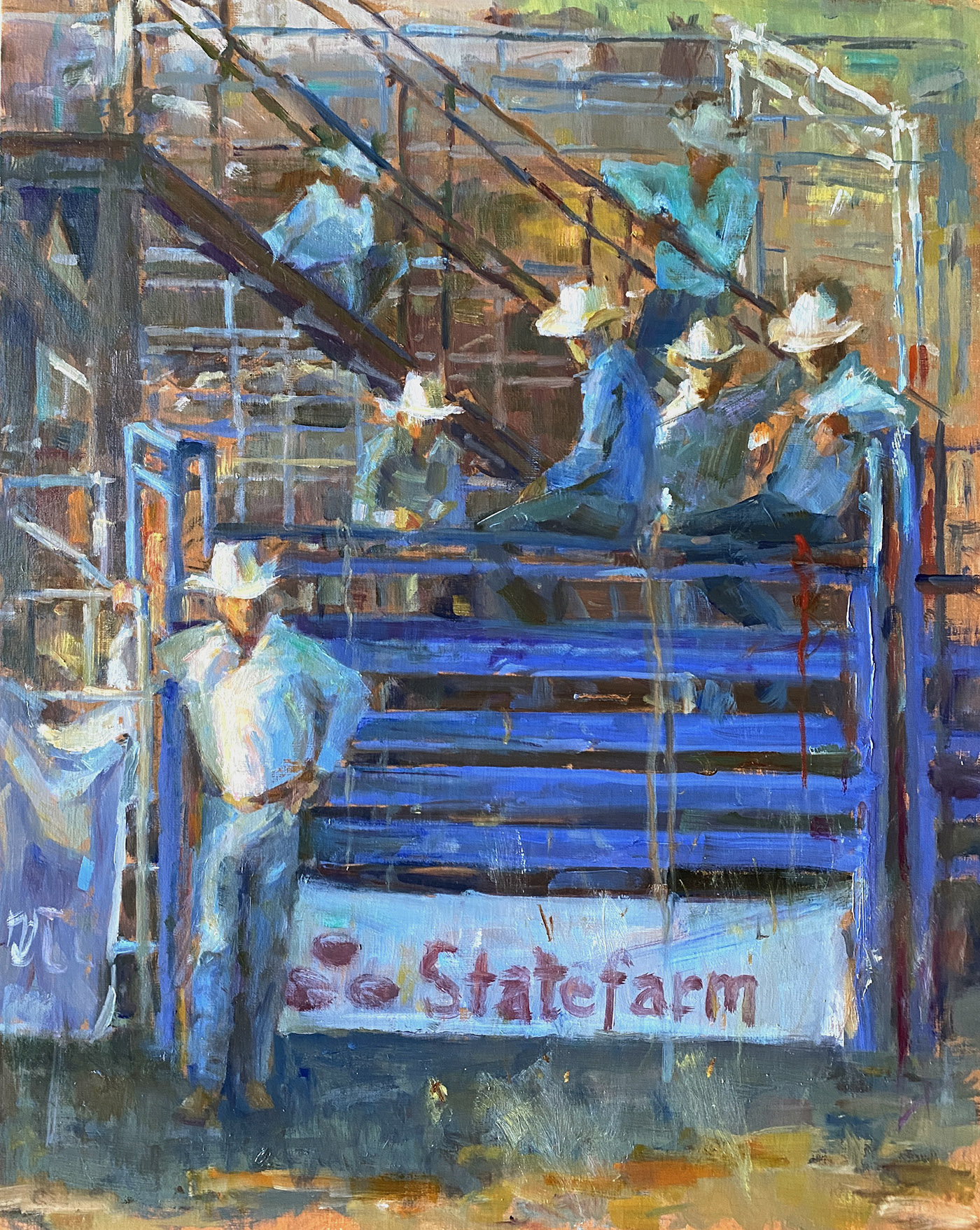 oil painting of ranchers by bleachers standing