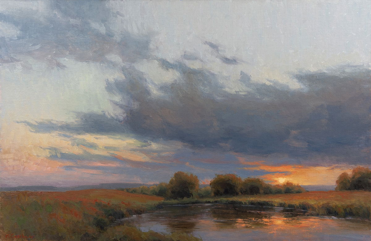 oil painting of sunset over pond