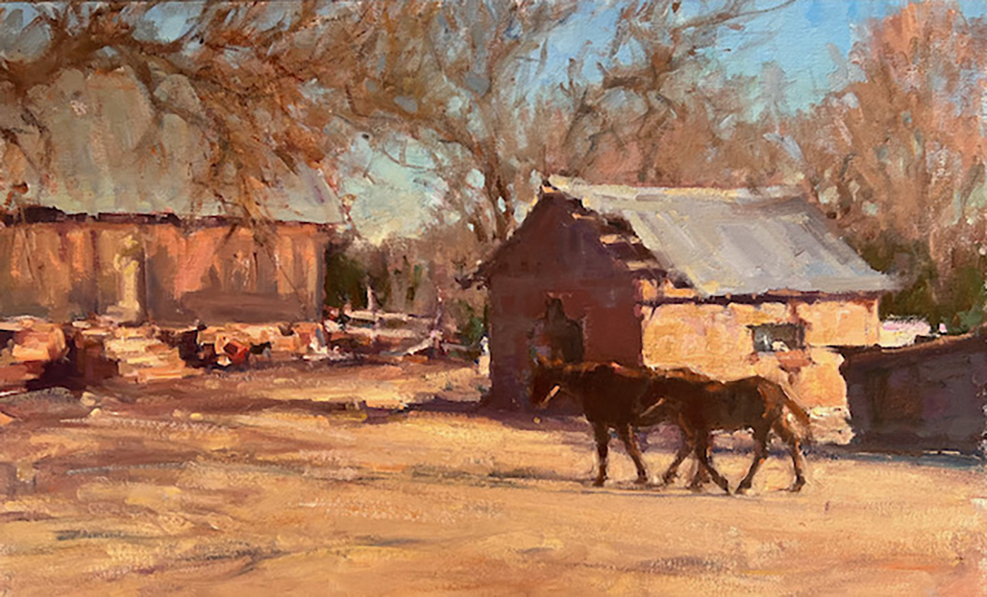 oil painting of horse walking on farm with barns in the background