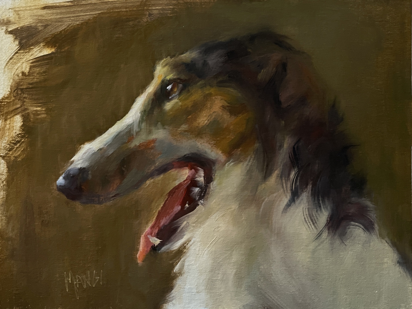 oil painting of panting dog portrait