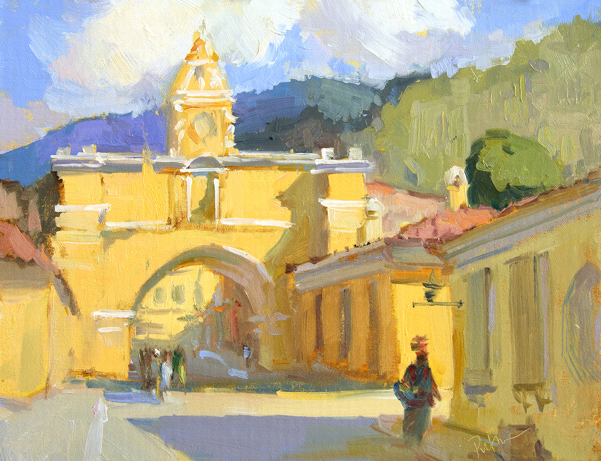 oil painting of the Santa Catalina arch during the day