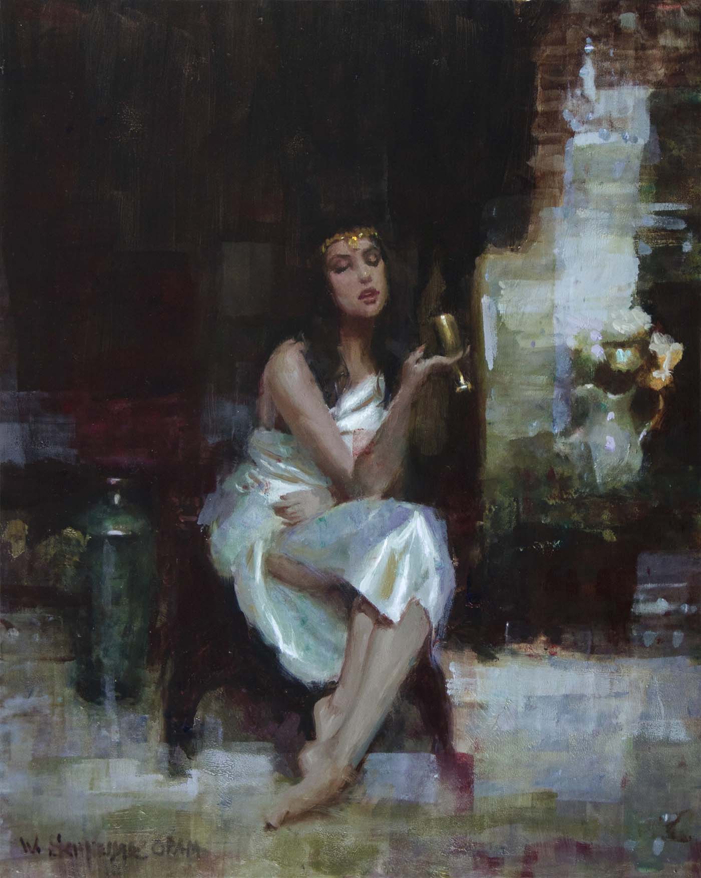 oil painting of woman sitting, drinking from a cup