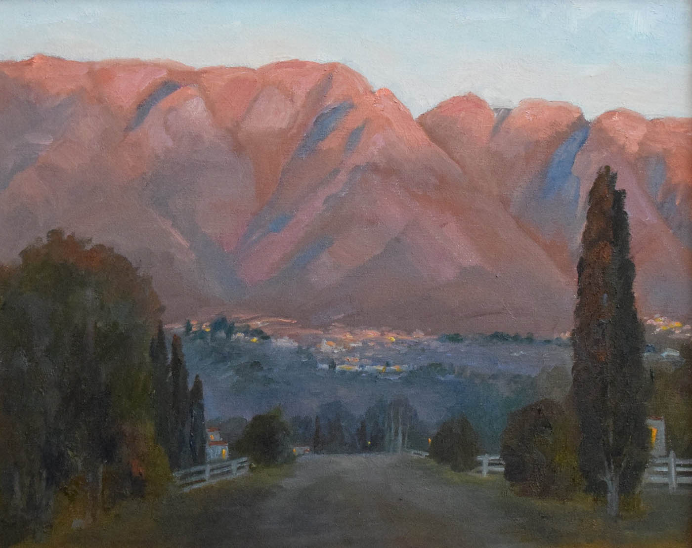 oil painting of sunset over mountains