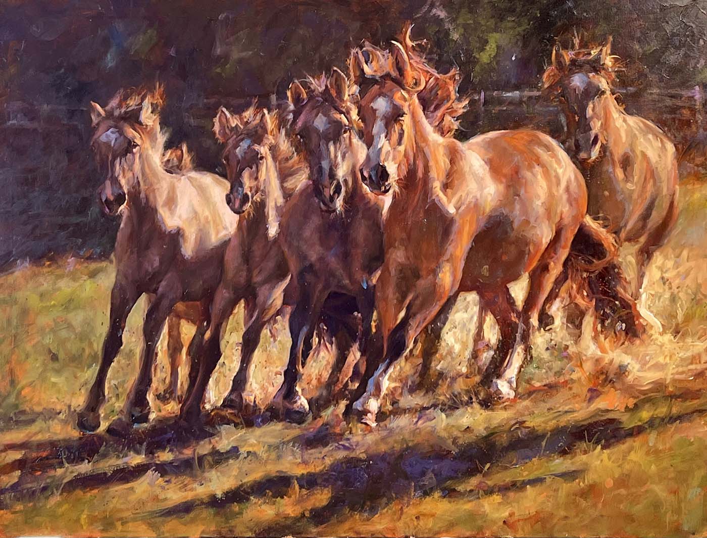 oil painting of horses running