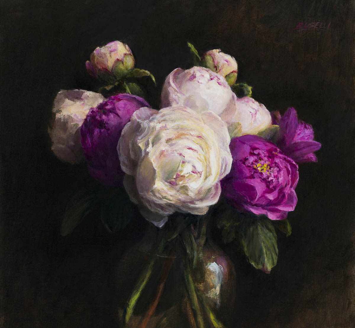 oil painting of peonies from a market street in Manhattan