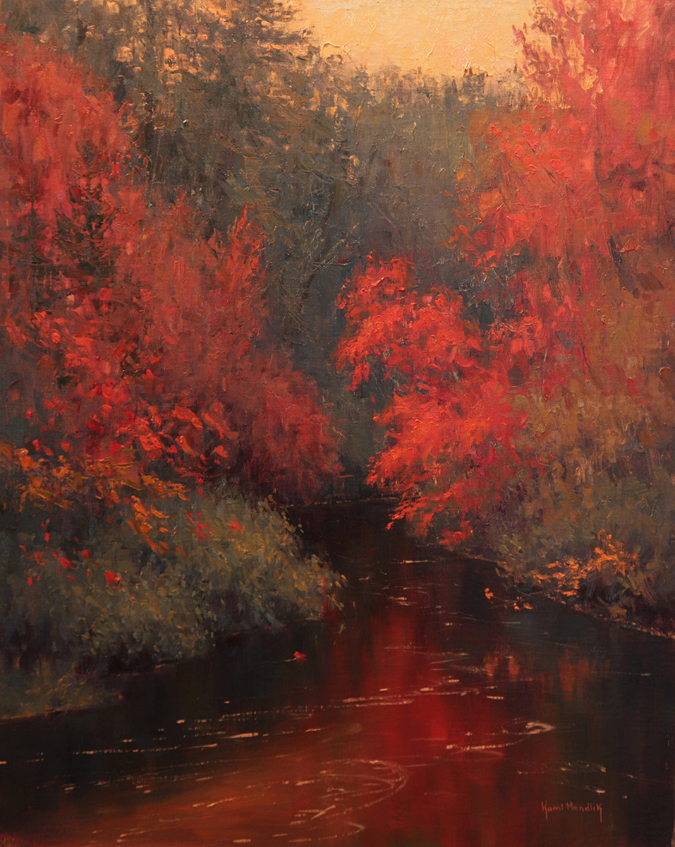 oil painting of fall vibrant red on trees, leaning over river