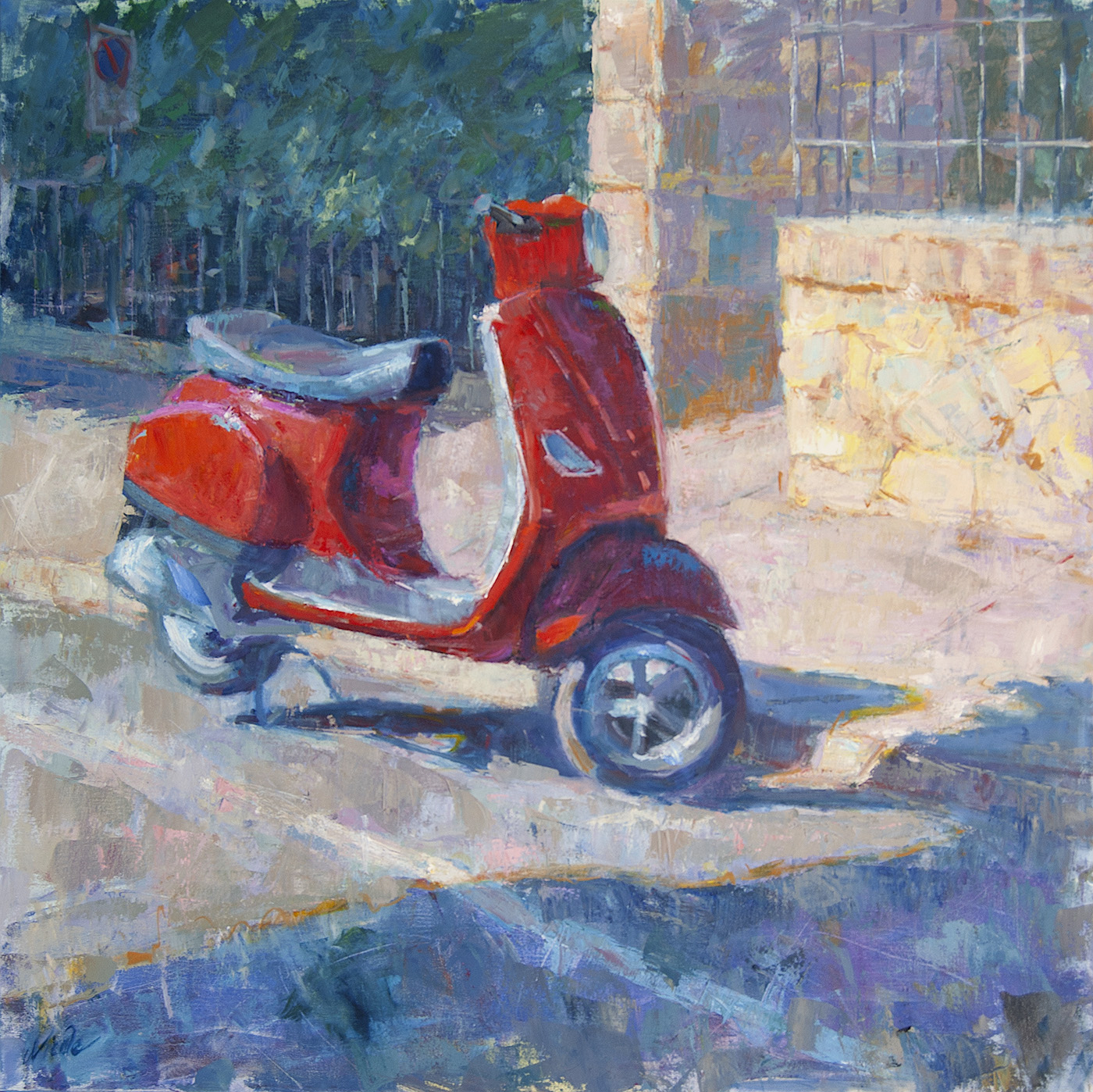 oil painting of moped stationary