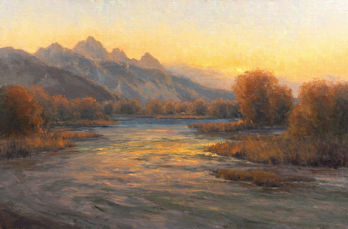 oil painting sunset over mountain trail