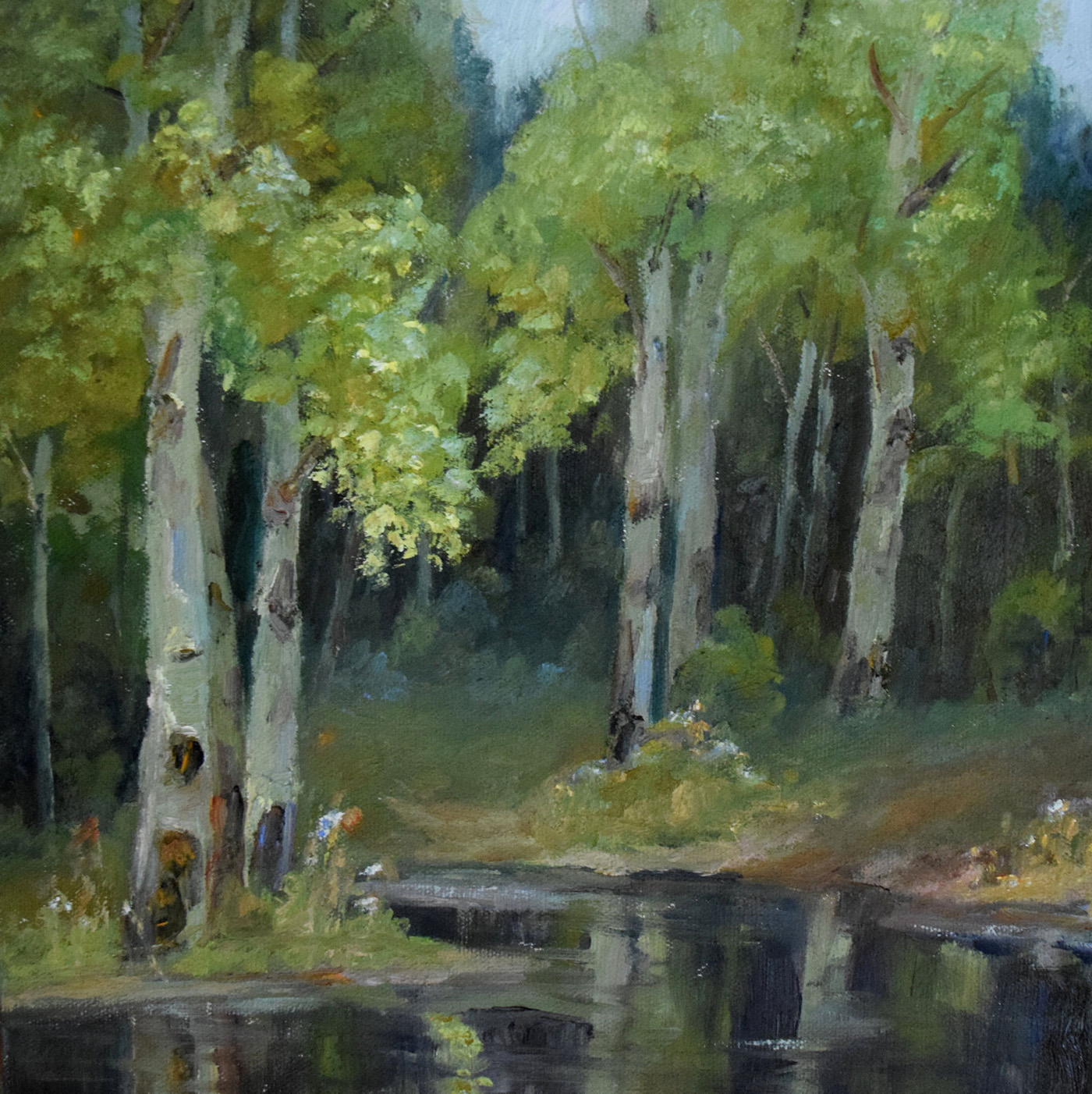 oil painting of peaceful water with tree reflections