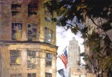 Featured Artwork: Michele Byrne oil painting of curved building with sidewalk and people walking