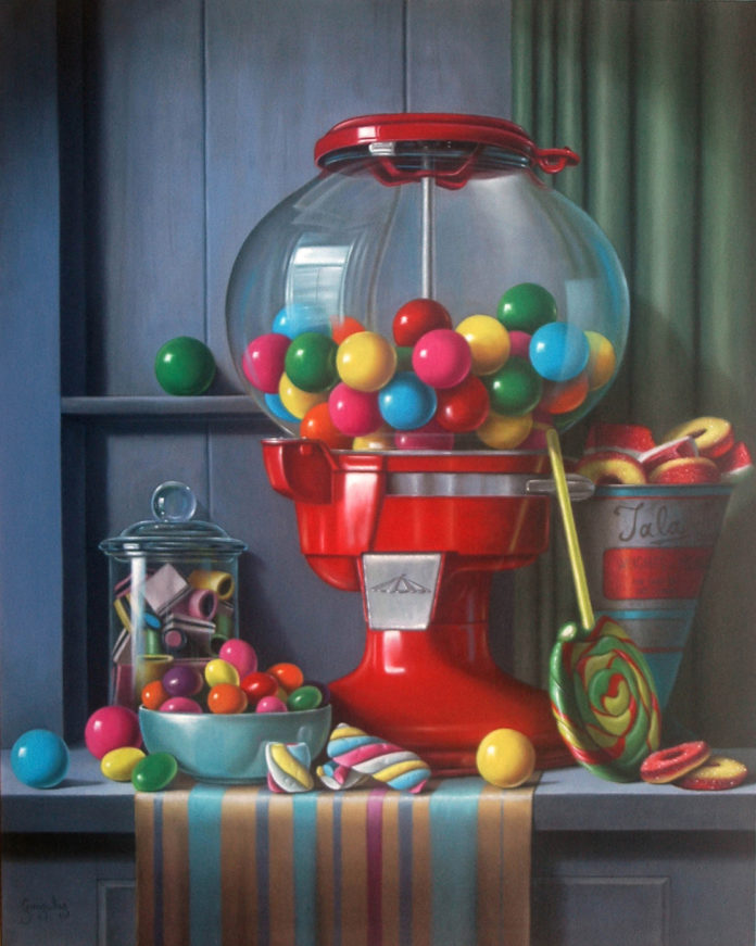 oil painting of gumball machine on a counter top with other candy