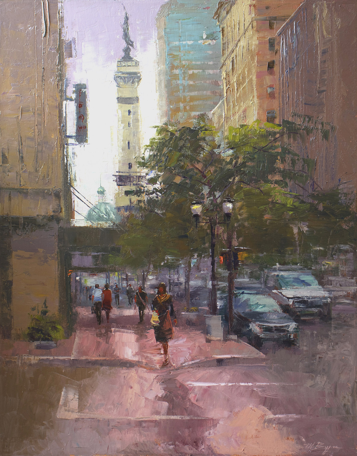oil painting of city street corner during the day