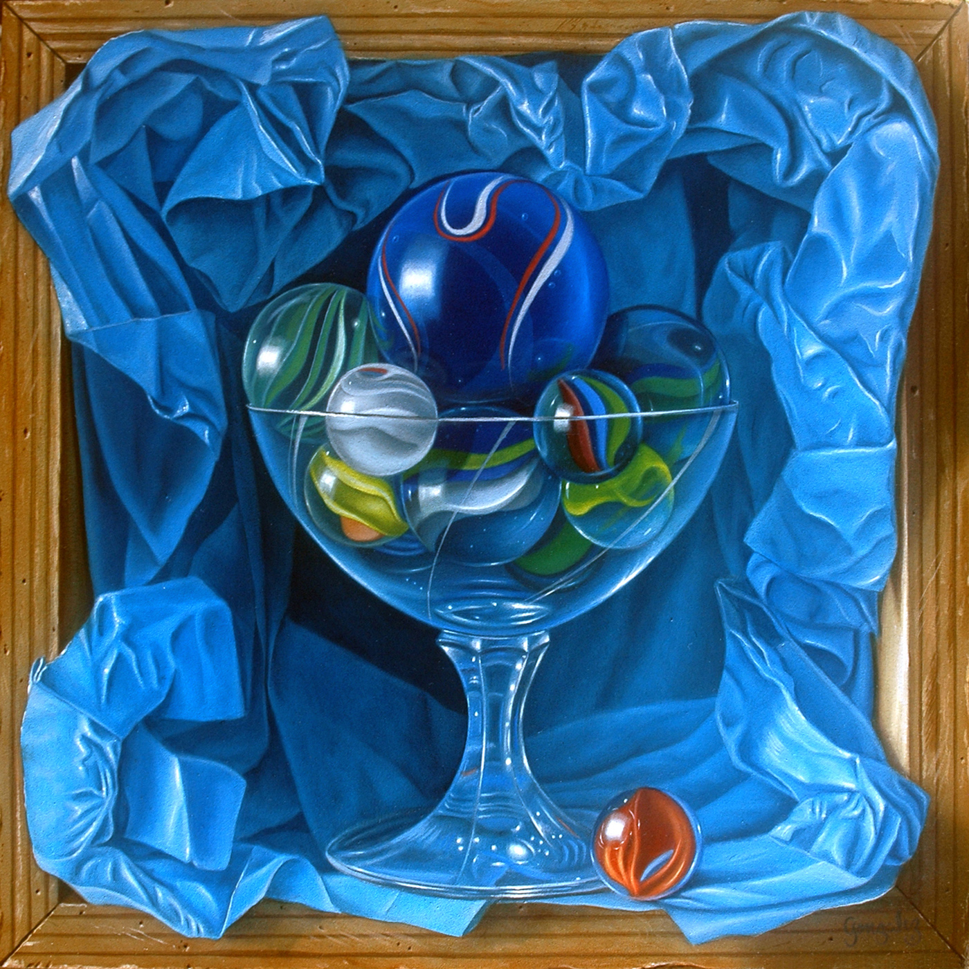 oil painting of glass wrapped in blue paper with marbles inside