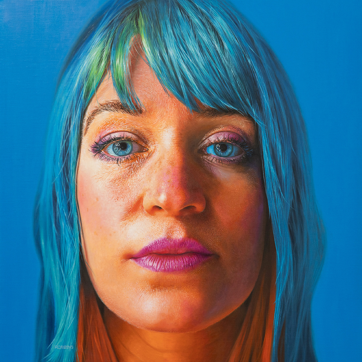 portrait oil painting of a woman with blue hair and blue eyes
