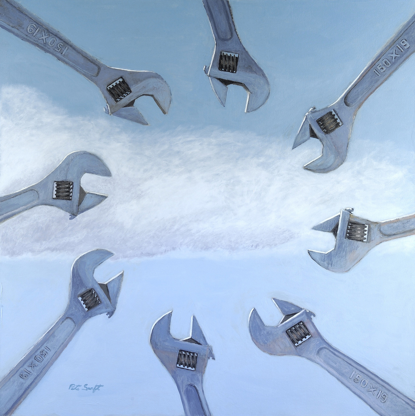 acrylic painting of wrenches in circle pattern with blue sky 