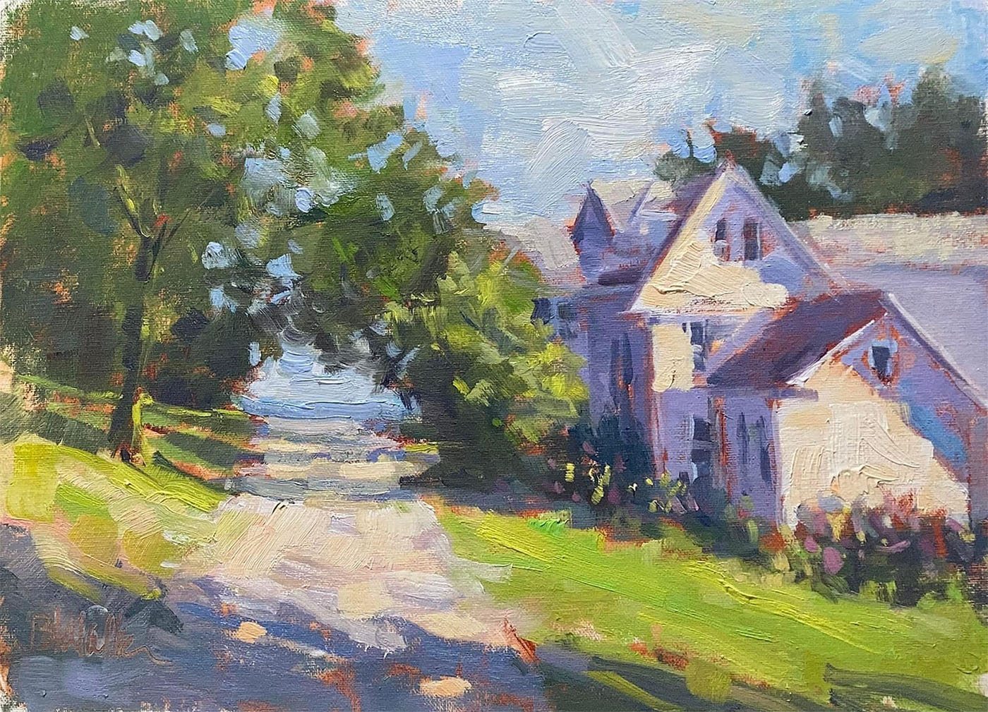 oil painting of pathway to the beach, with a house on the right