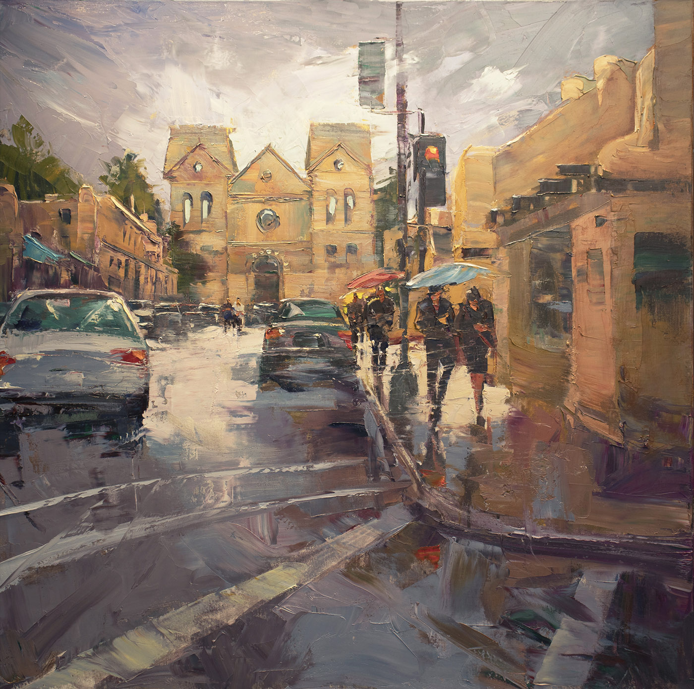 oil painting of perspective curve city street corner with traffic light and cars, people walking during cloudy day