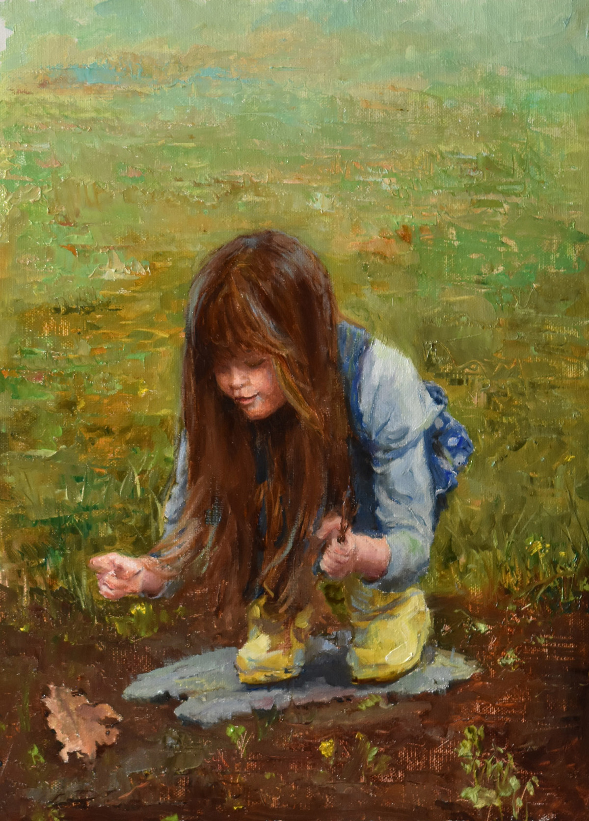 oil painting of girl sitting in garden picking from it