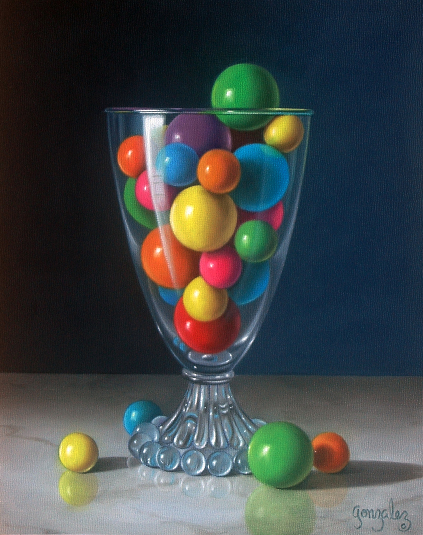 oil painting of multicolored gumballs inside a class falling out