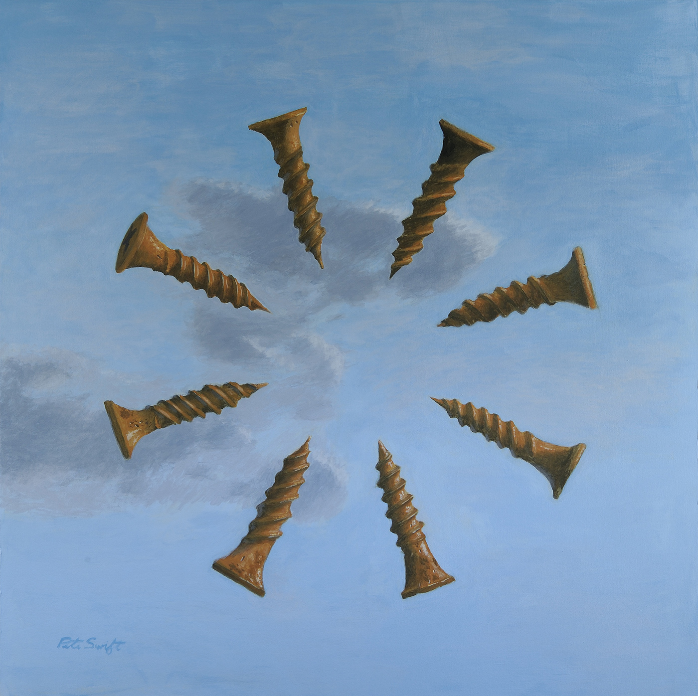 acrylic painting of wood screws in circle pattern with blue sky