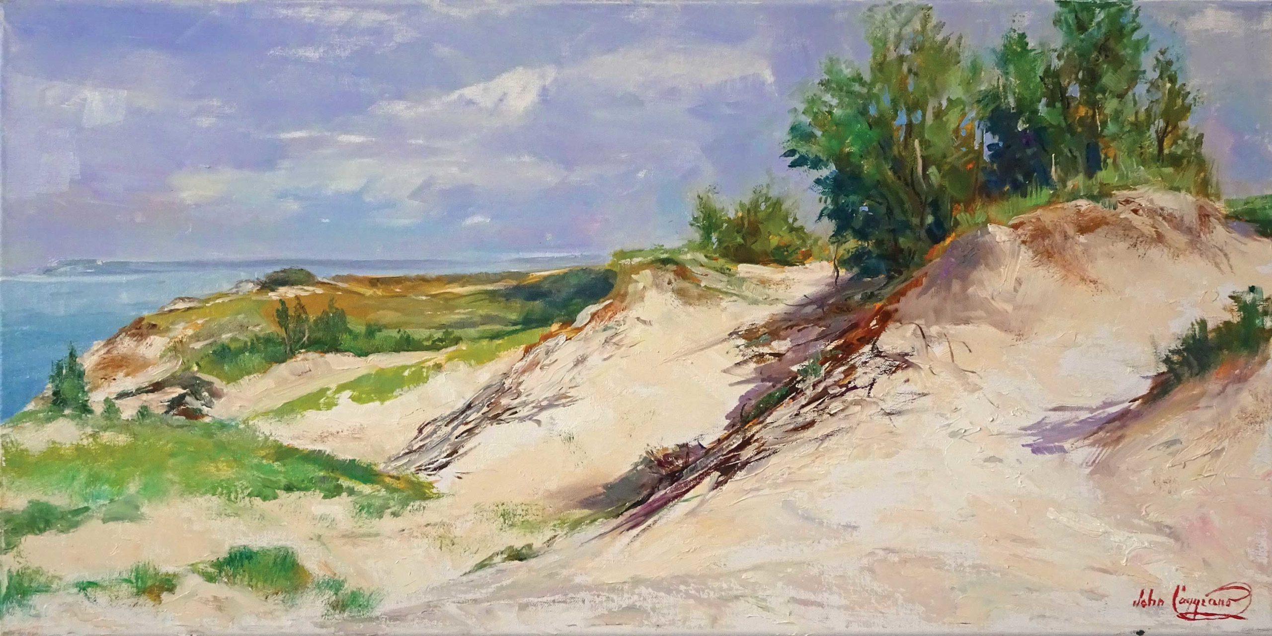 John Caggiano (b. 1949), "Sleepy Dunes," [Sleeping Bear Dunes National Lakeshore, Michigan], 2019, oil on linen panel, 12 x 24 in., available from the artist