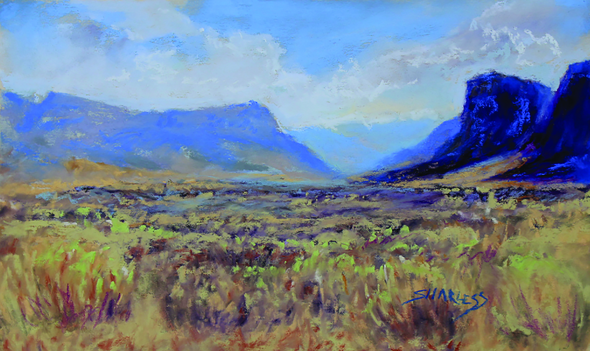 Sarah Harless (b. 1984), "Alpine," [Big Bend National Park, Texas], 2019, pastel on board, 6 x 8 in., available from the artist