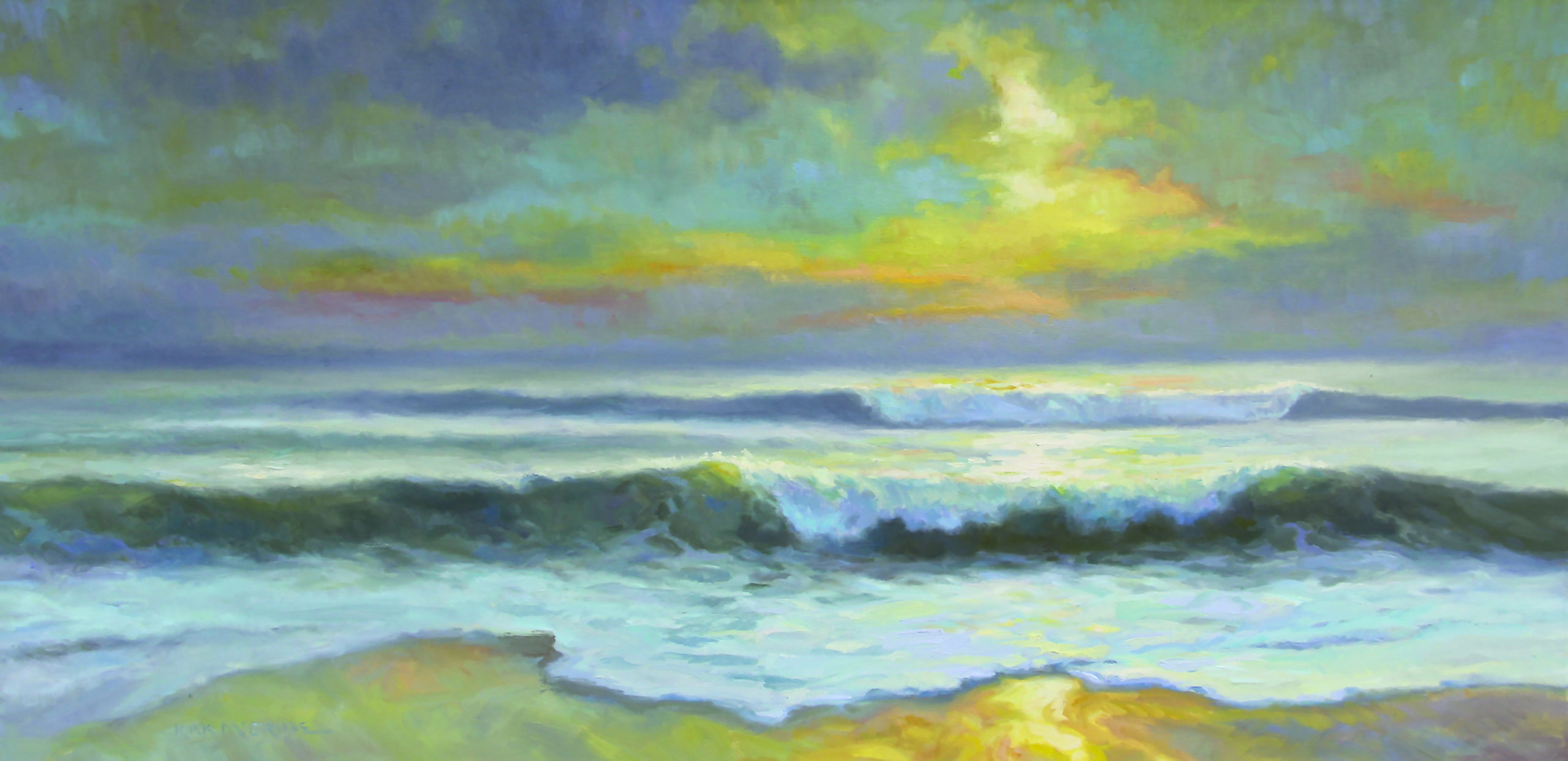 Kirk McBride (b. 1952), "Small Waves at Sunrise," [Assateague Island National Seashore, Maryland/Virginia], 2015, oil on canvas, 24 x 48 in., private collection