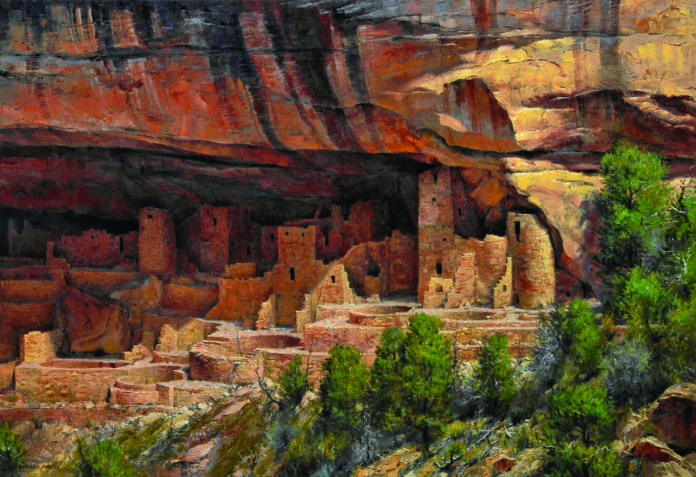 Robert Peters (b. 1960), "Ancestral Cliffs," [Mesa Verde National Park, Colorado], 2009, oil on linen, 30 x 44 in., private collection