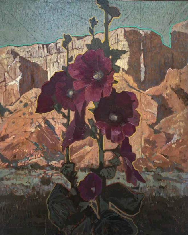 S.M. Chavez, "Hollyhock with Landscape," oil on canvas, 60 x 48 in.