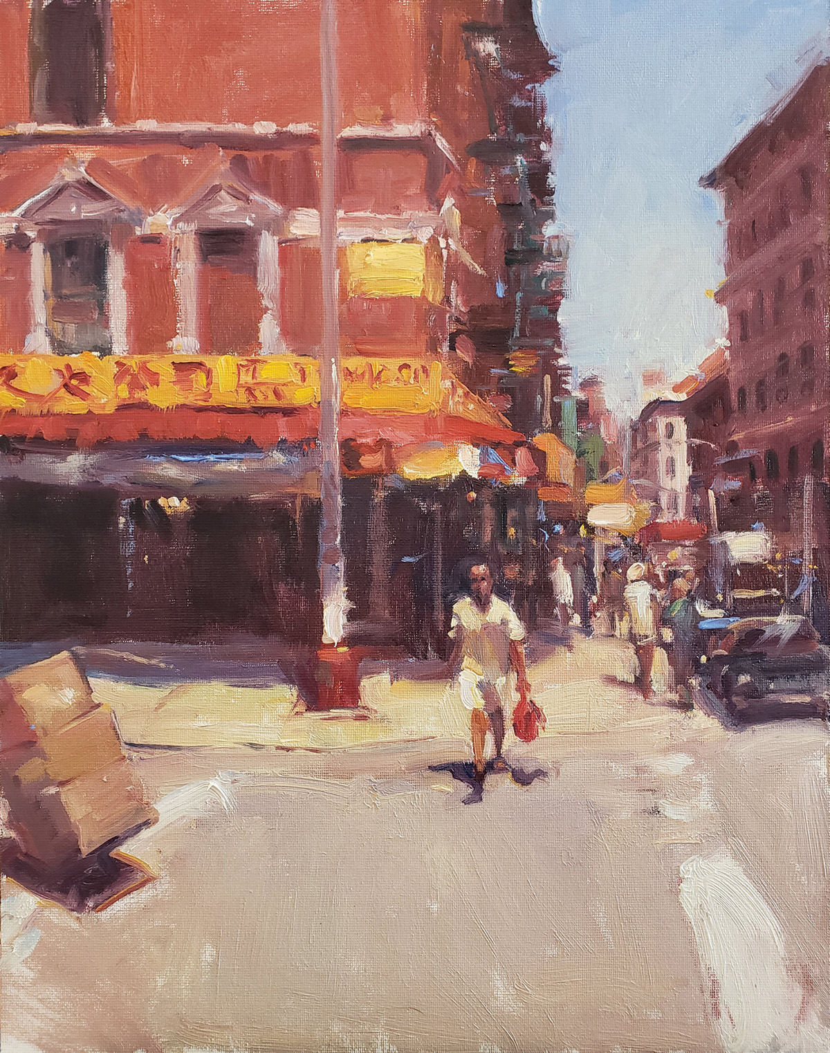 oil painting of street corner with people walking in street, and red building on left side