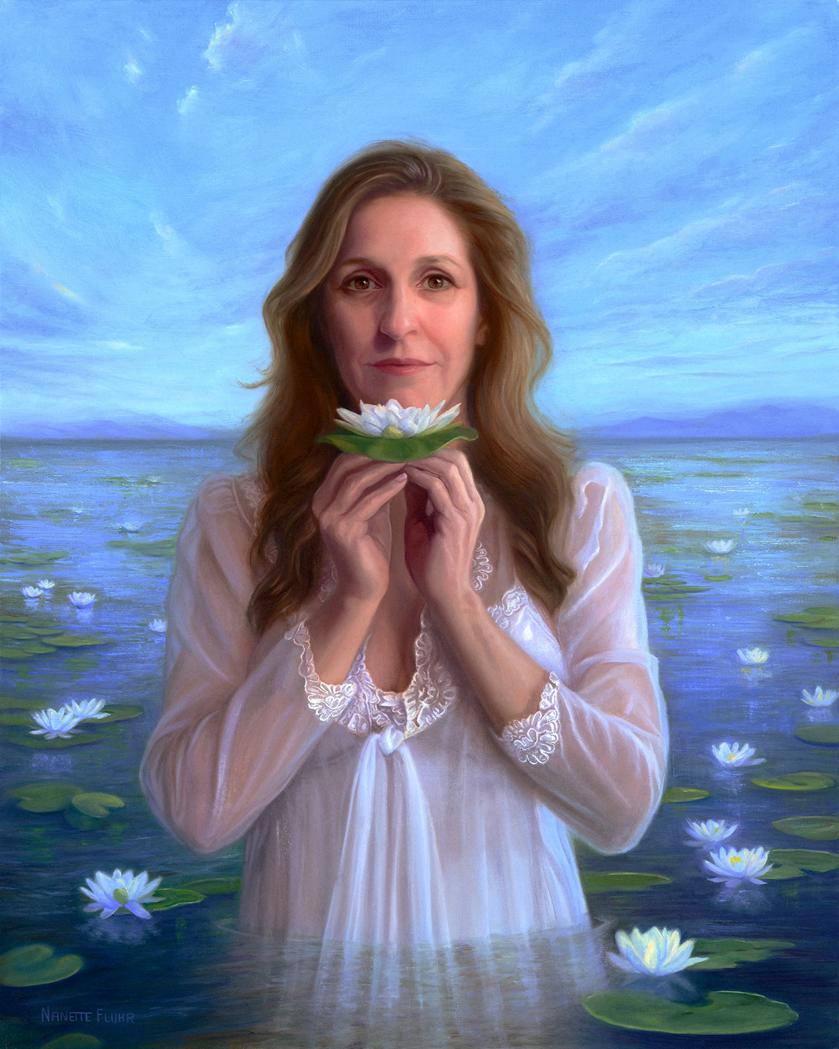 oil painting of woman wearing a white gown in a pond looking at the viewer, holding a lotus flower