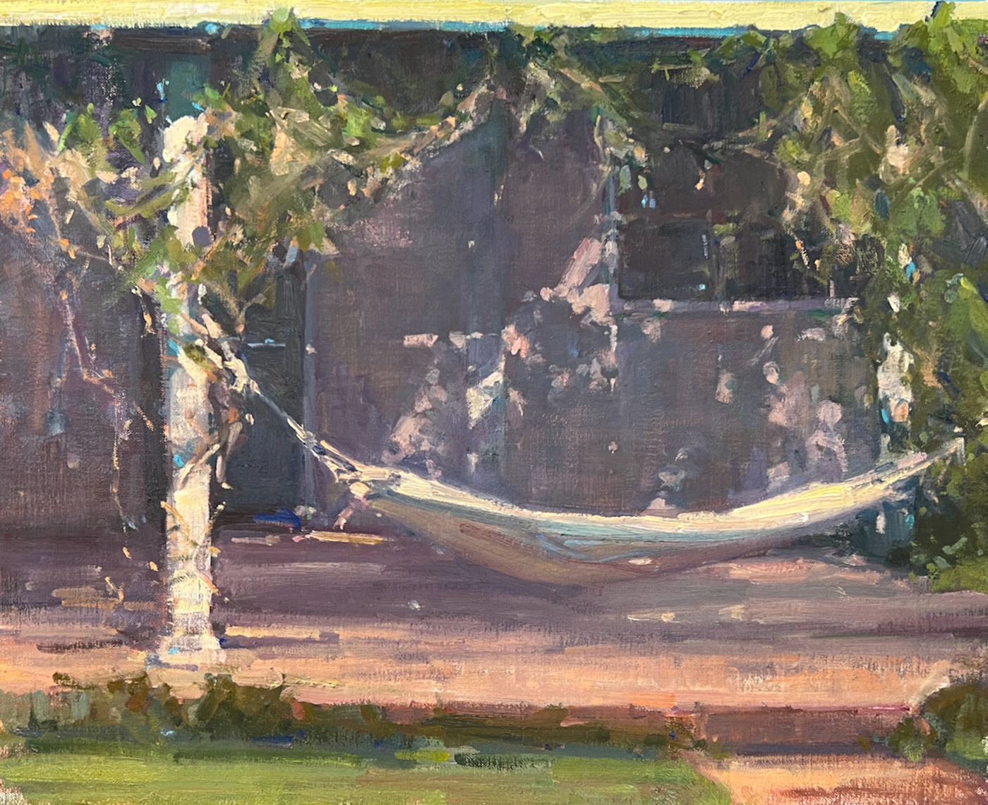 oil painting of hammock nestled between trees, during the day; sunlight reflecting off fence in the background 