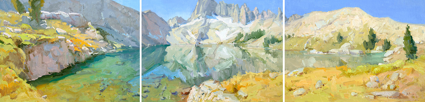 oil painting of a mountain scape during the day, with river flowing through