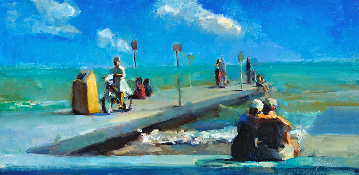 oil painting of people walking along the blue on a blue summer day