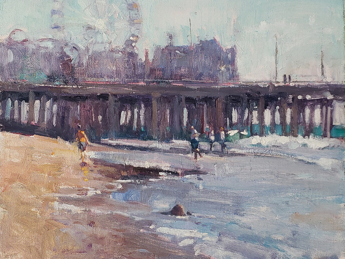 oil painting of looking at boardwalk from a distance on a sunny day 