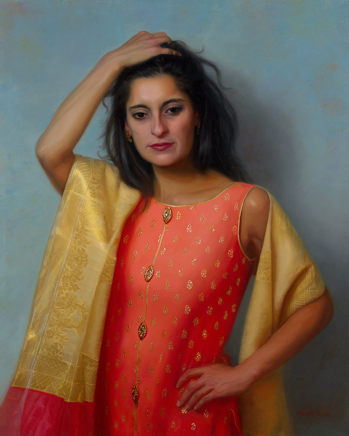 oil painting of woman wearing orange-red dress with a yellow drapery, hanging off her shoulders
