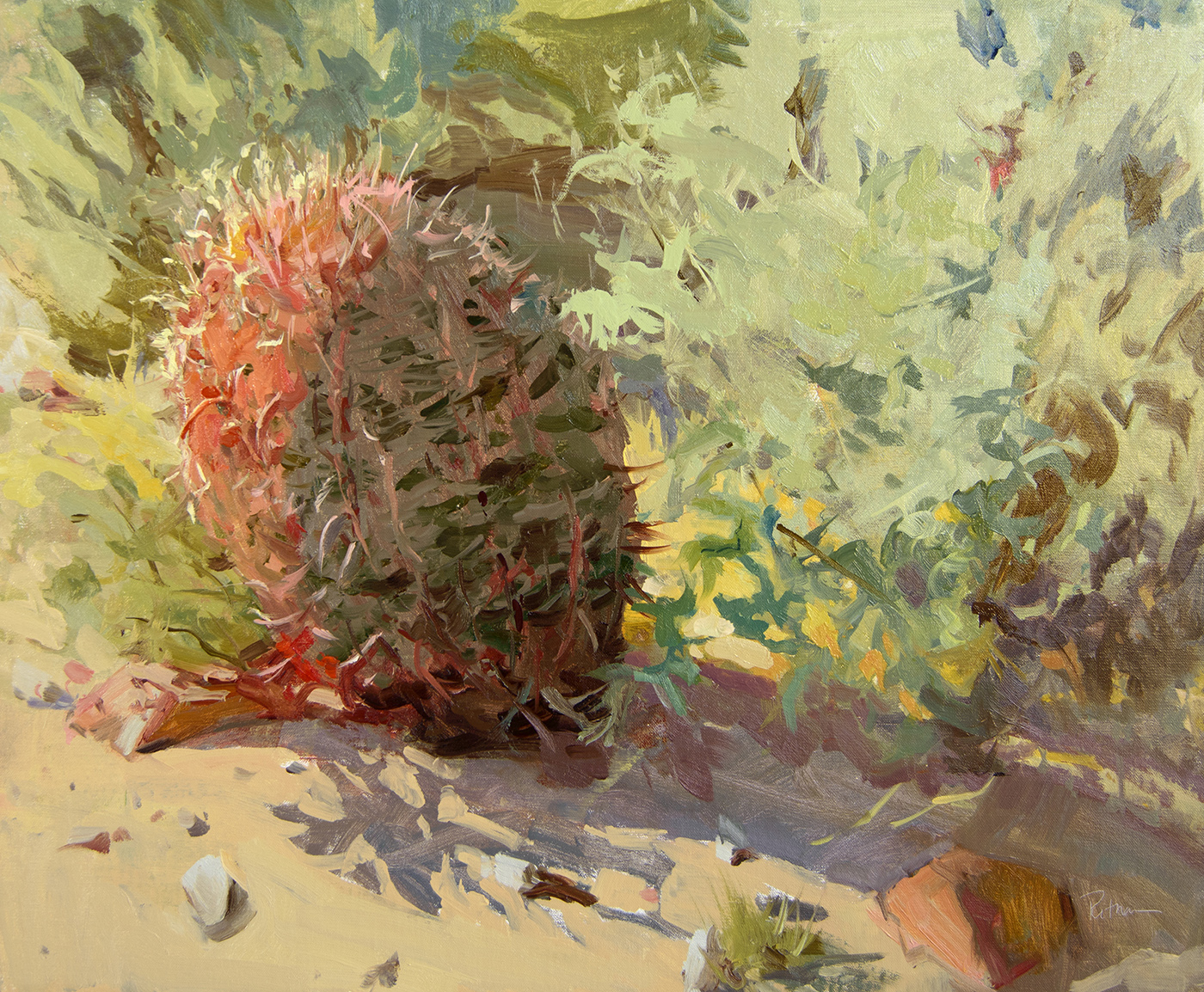 oil painting of a barrel of cacti head in the desert sun 
