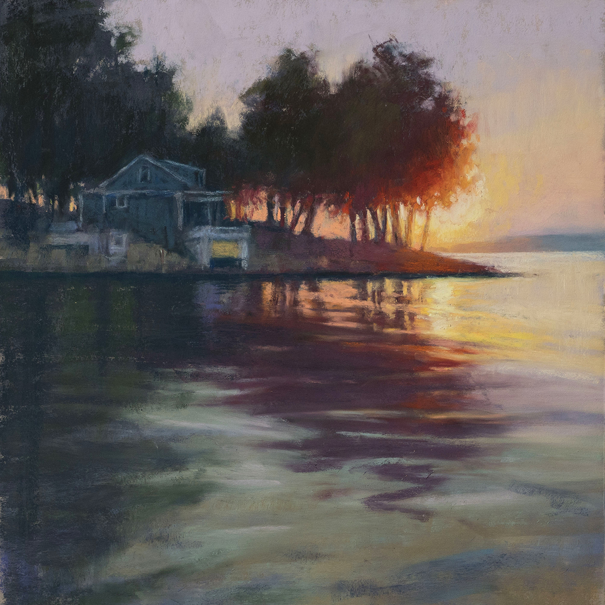 pastel painting of sunset overlooking water with house at waterfront