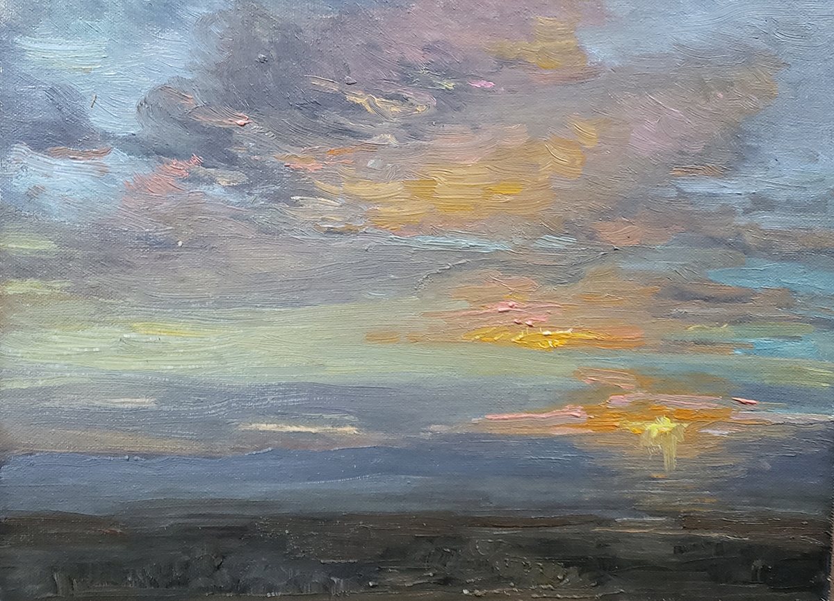 oil painting of the sunset stepping into the cloud-filled sky with ray of line reflecting off them, with soft shades of blue and green 