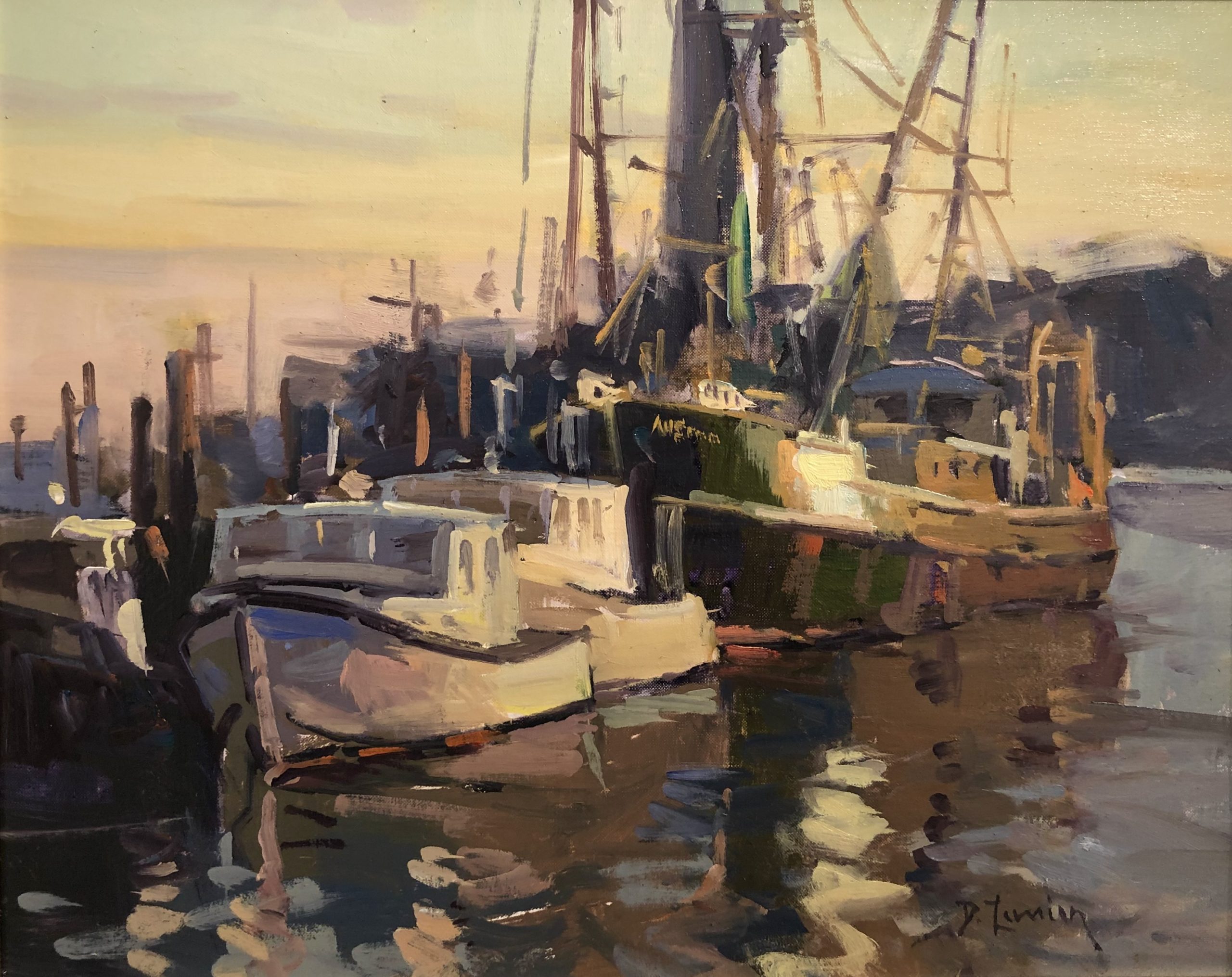 oil painting of boats on still water during sunset