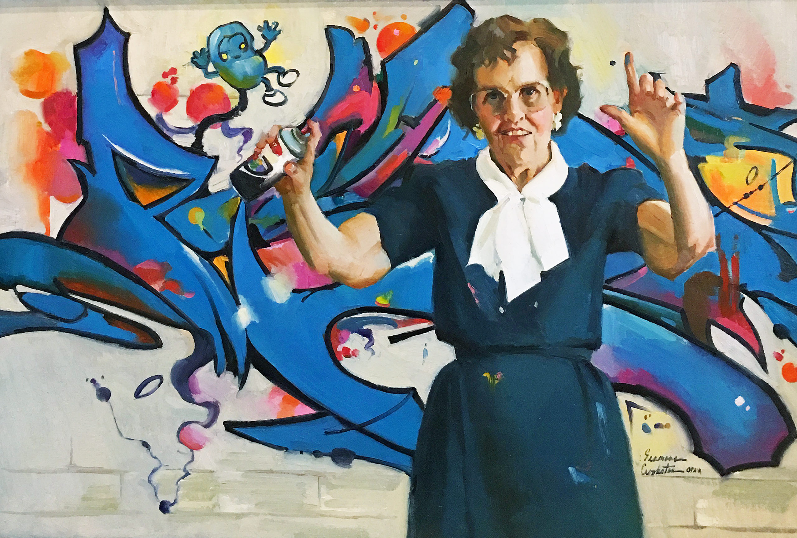 Nancy Seamons Crookston, 24 x 36 in., Oil, "Graffiti Grandma"
