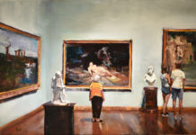 Featured Artwork: Heather Arenas, WAOW Master and AWA Signature member People in a museum, looking around the artwork