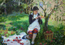 Featured Artwork: Carol Arnold girl sitting in a field next to tree, with picnic blanket and a basket full of red apples