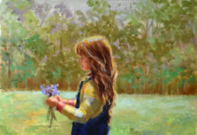 Featured Artwork: Aida Garrity young girl walking through a field carrying flowers