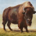 Featured Artwork: Johanne Mangi oil painting of single buffalo in a field during the day