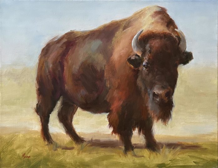 oil painting of single buffalo in a field during the day