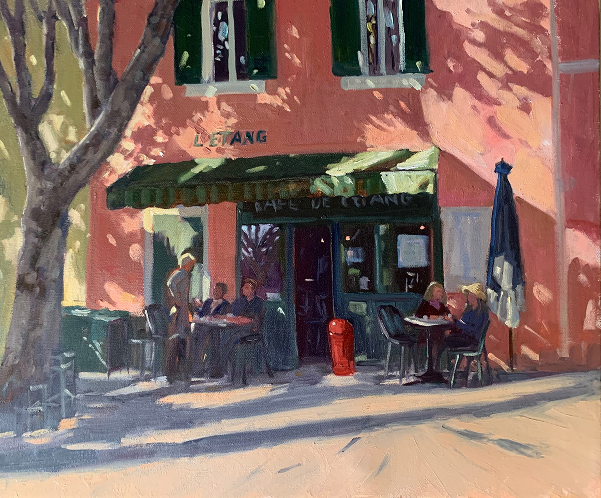 oil painting of red building on the side of the street with a tree in front casting a shadow on the building