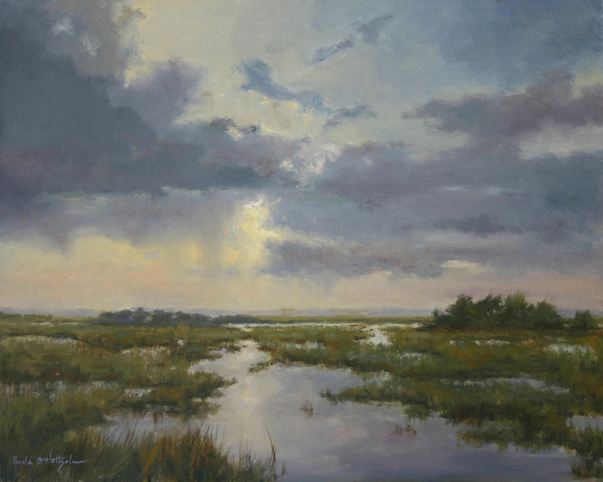 oil painting of misty day over marshlands