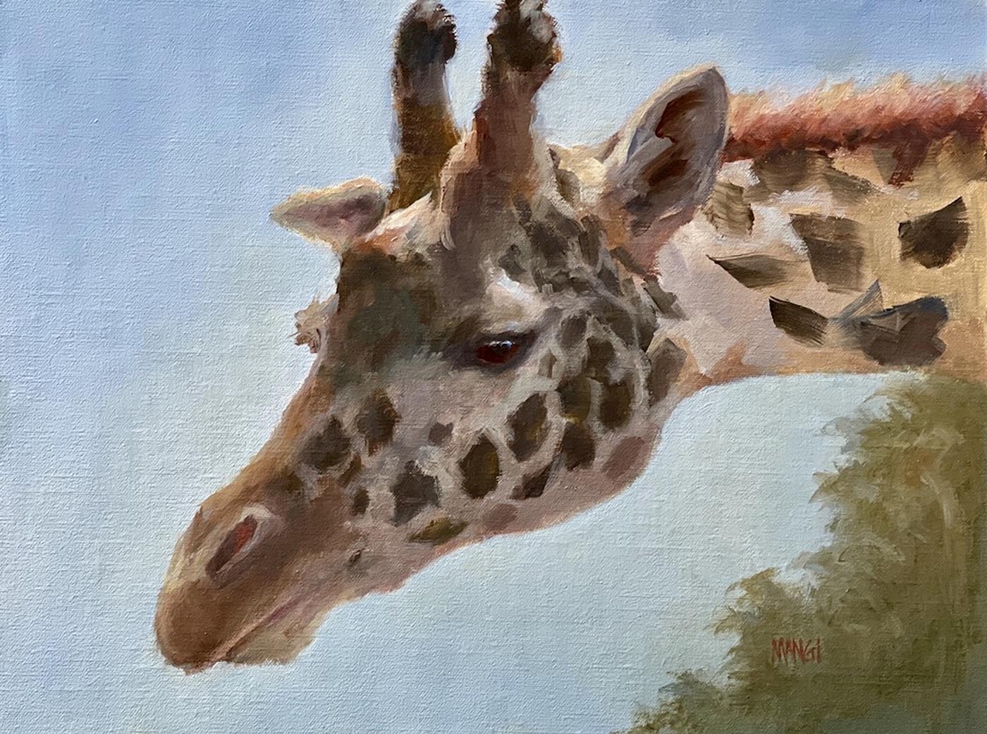 oil painting of head shot of a giraffe taking up most of the painting