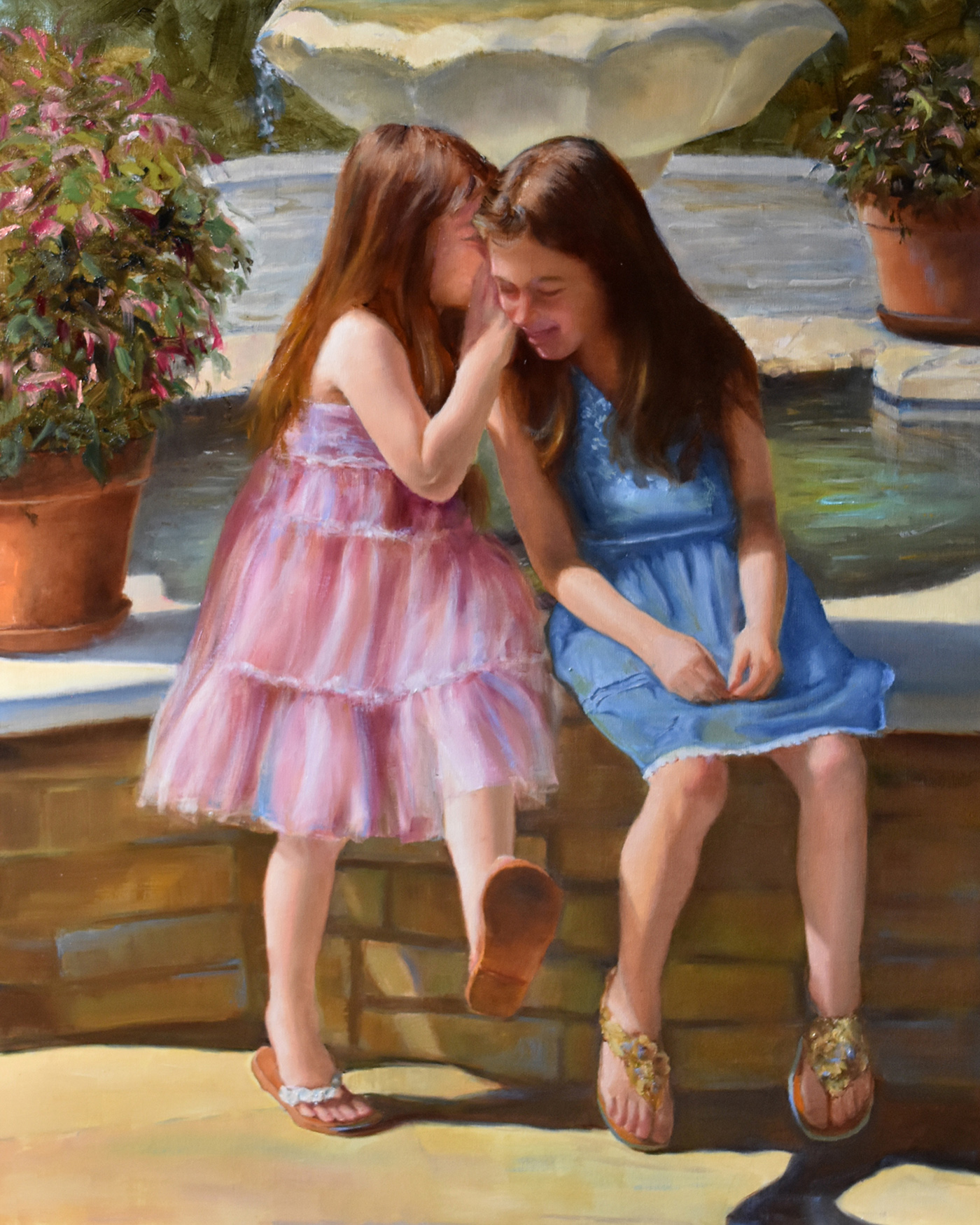 two girls sitting on a bench, one whispering in the others' ear